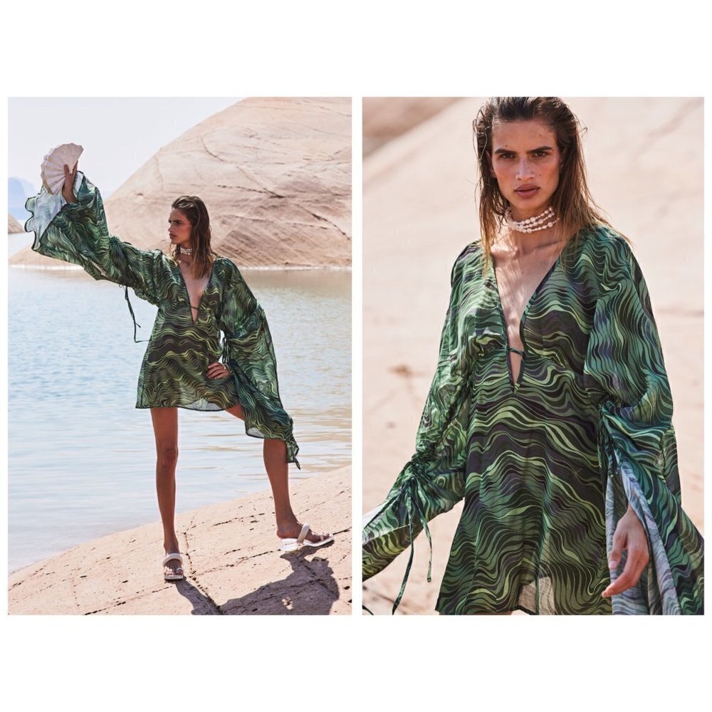 💕CULT GAIA💕 Bruna Coverup ~ Linen Silk Saltation Basil Green Print Small S NWT